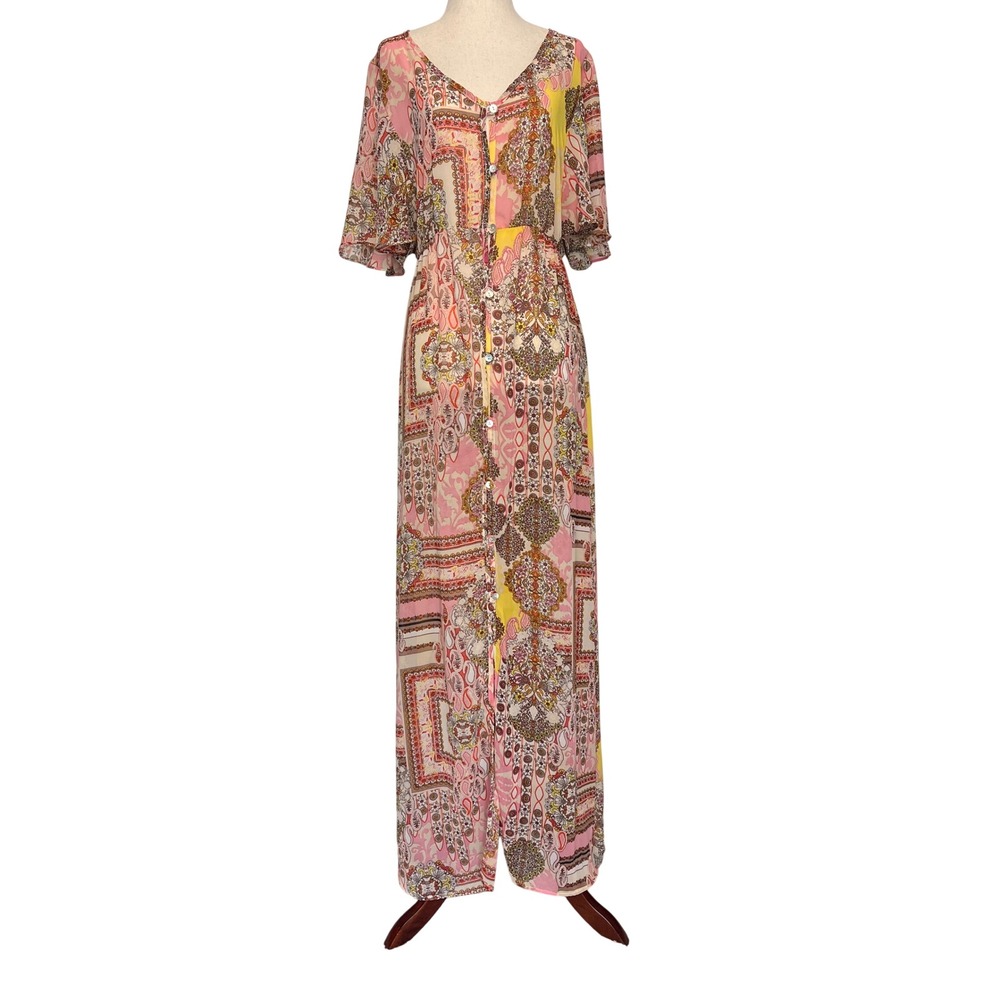 Elan Women's Small Maxi Button Down Sheer Boho Dress Swim Cover Up Pink Paisley‎